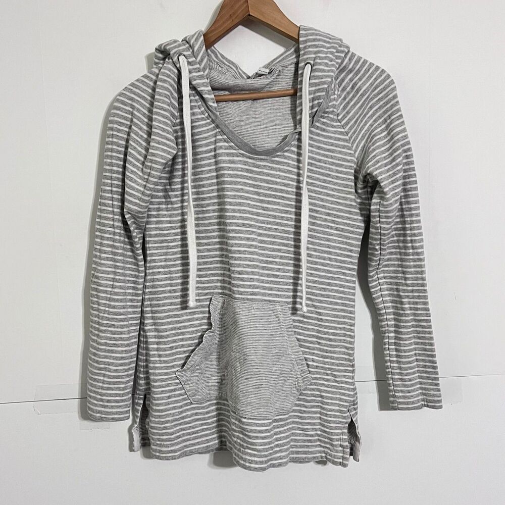James Perse Womens Hoodie Shirt Size 2 Grey Striped Scoop Neck Pockets